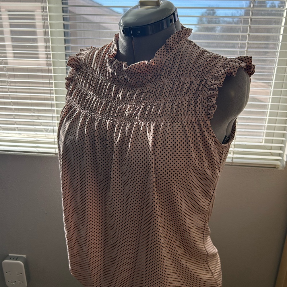 Adrianna Patel light  Pink Polka Dot Ruffle Blouse